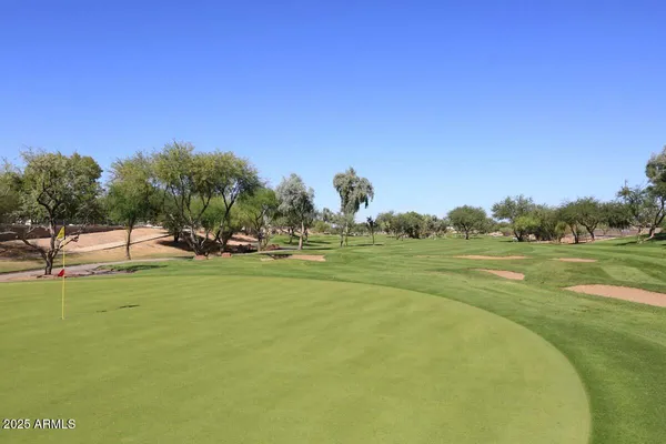 a view of a field of grass and trees