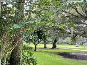 a view of a swimming pool with a bench and trees