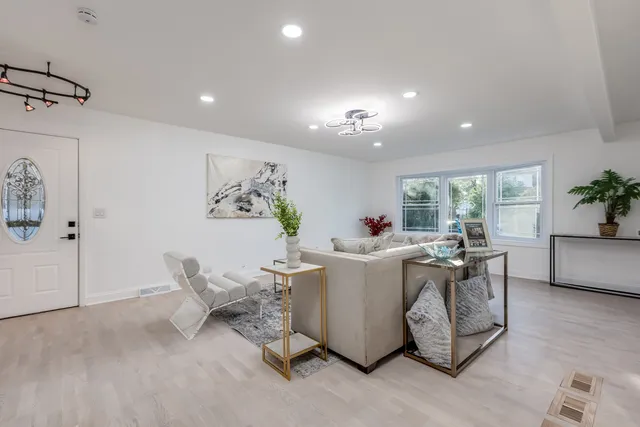 a living room with furniture and a potted plant