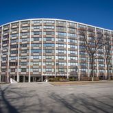 front view of building with a street