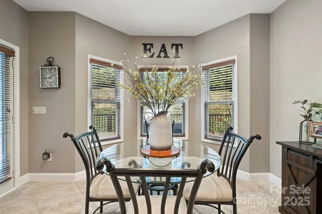a view of a dining room with furniture window and outside view