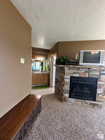 1940 East Shore Road St. Charles, ID 83272 - Photo 31 of 64 Living room with a fireplace, a textured ceiling, and light carpet