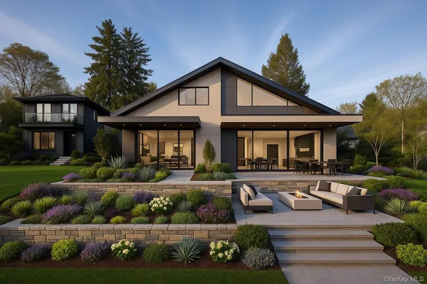 a garden with trees in front of it