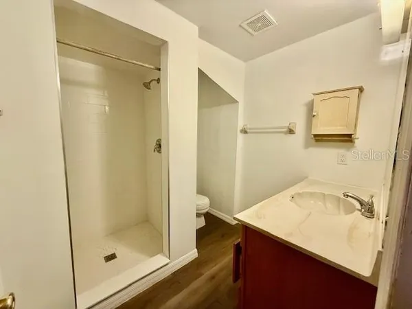 a bathroom with a sink shower and a mirror