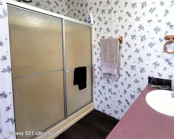 a bathroom with a shower and a sink