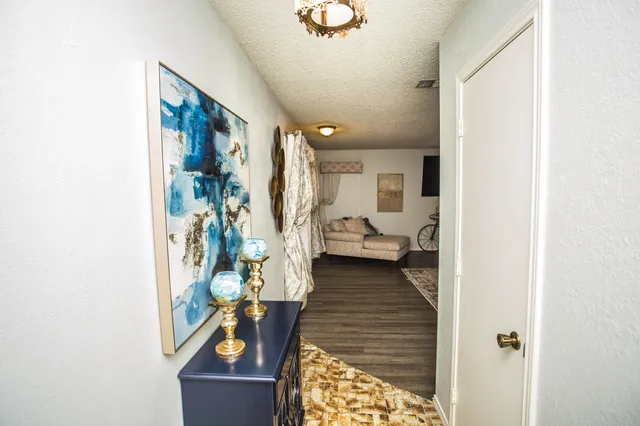 an empty room with fireplace