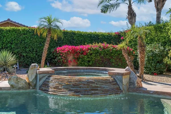 a view of a yard with plants and a fountain