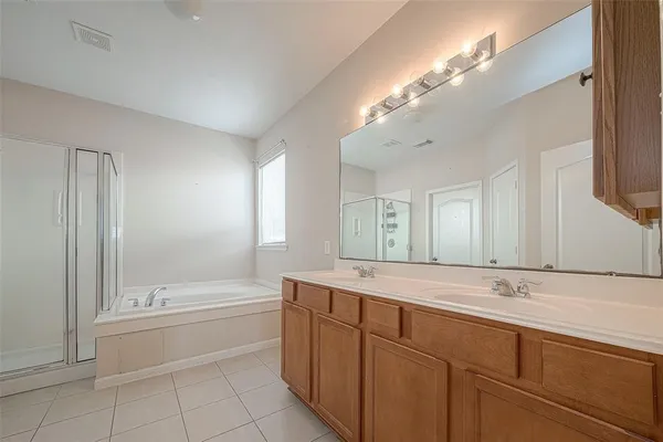 a bathroom with a bathtub a sink and a mirror
