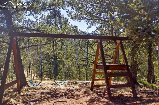 a backyard of a house with large trees and plants