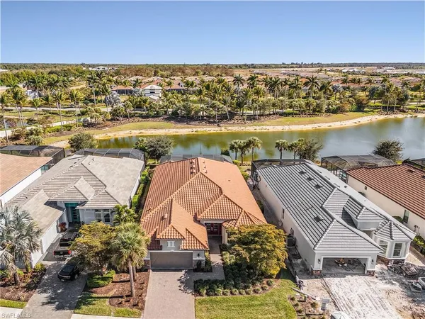 an aerial view of a house with garden