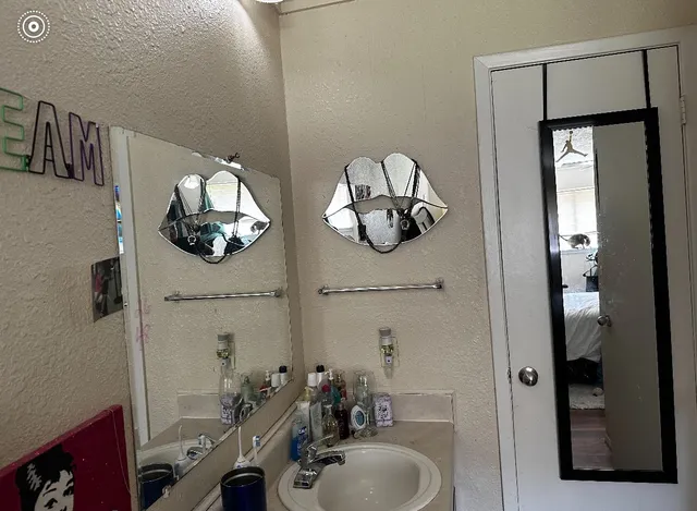 a bathroom with a sink mirror and vanity