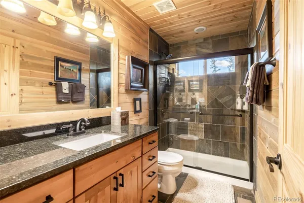 a bathroom with a granite countertop sink a toilet a mirror and shower