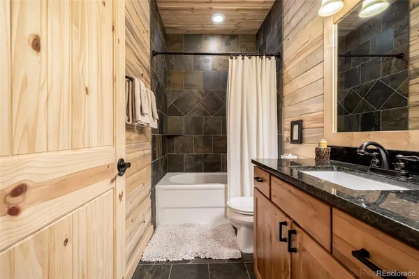 a bathroom with a granite countertop sink a bathtub and a shower