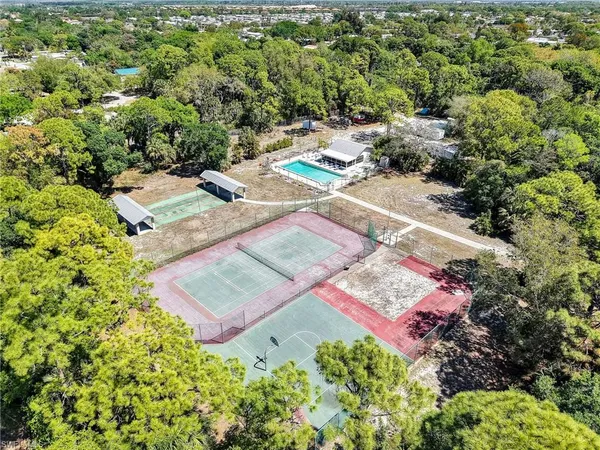 a view of a park with large trees