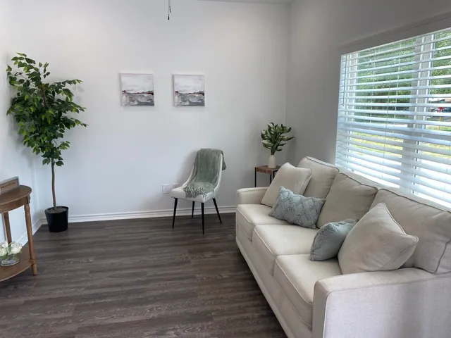 a living room with furniture and a potted plant