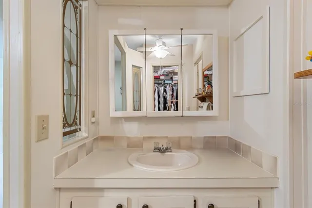 a bathroom with a sink and a mirror
