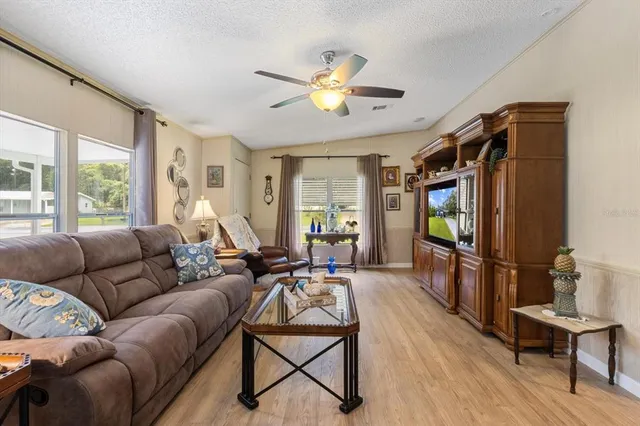 a living room with furniture a ceiling fan and a rug