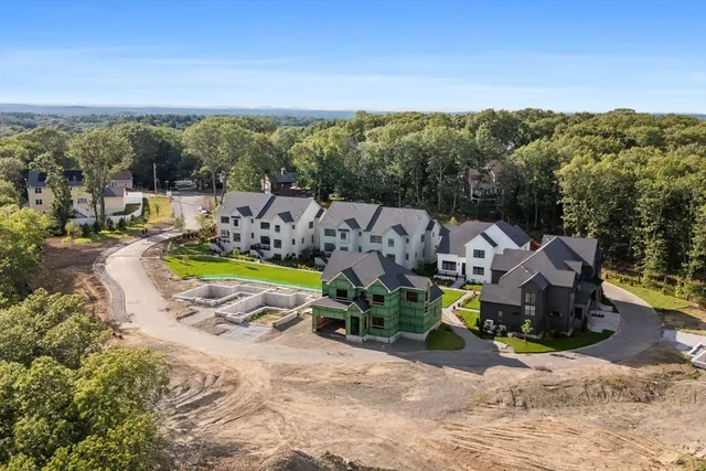 an aerial view of a house with swimming pool and big yard