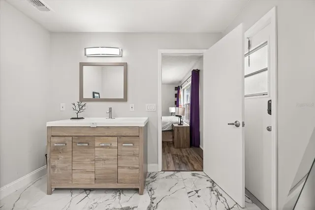 a bathroom with a sink vanity and a mirror