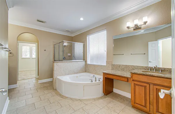 a bathroom with a granite countertop sink and mirror