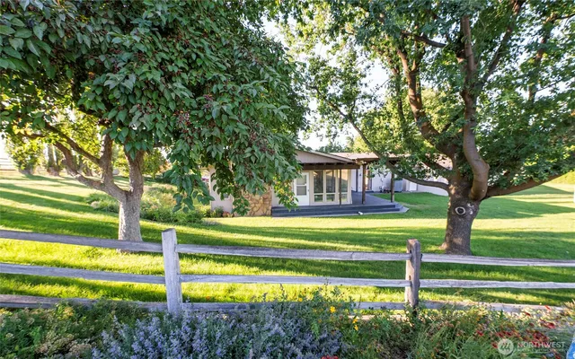 a view of a house with a yard and a large trees