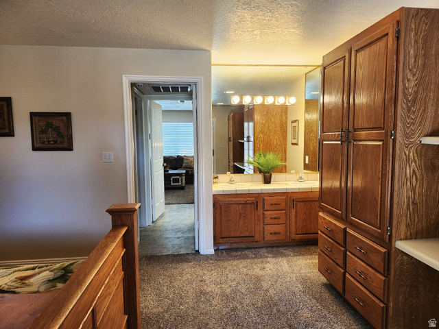 860 South Village Road, Unit Z10 St. George, UT 84770 - Photo 10 of 18 Bathroom featuring dark colored carpet, a textured ceiling, and double vanity