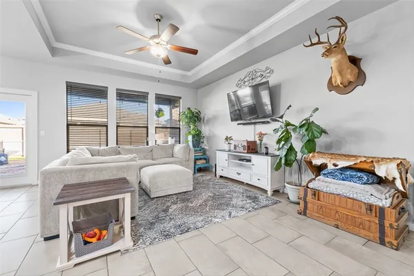 a living room with a couch and a potted plant