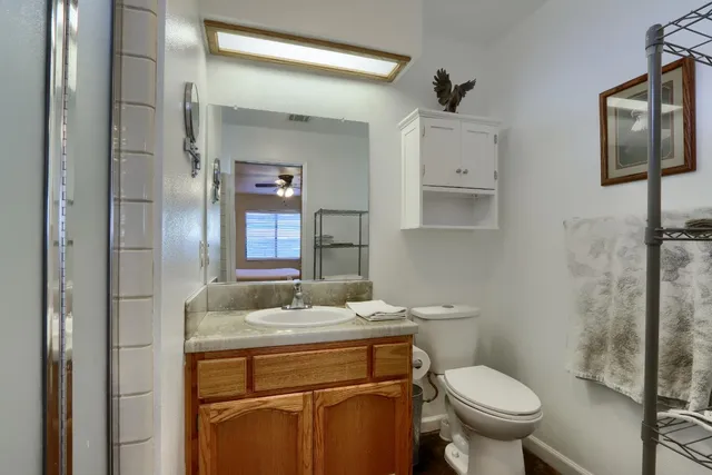 a bathroom with a sink toilet and mirror
