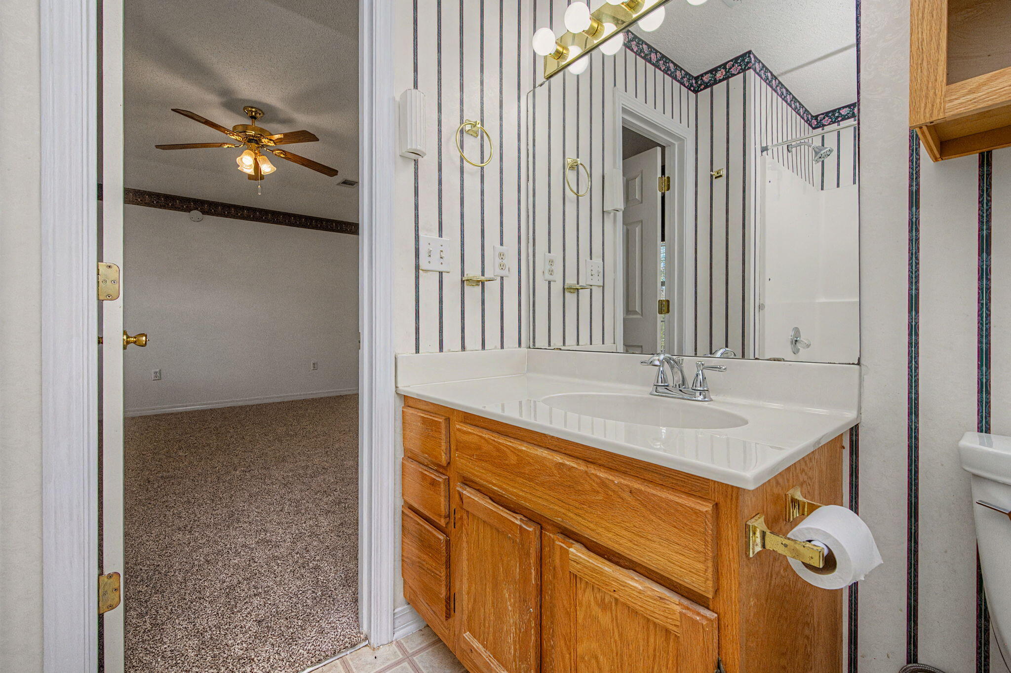 223 Runnymeade Drive Crestview, FL 32539 - Photo 30 of 38 a bathroom with a granite countertop sink and a mirror