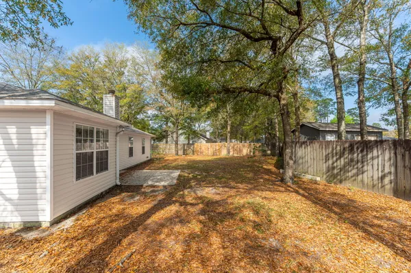 a view of a yard with large trees