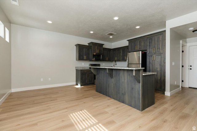 226 South 600 West Logan, UT 84321 - Photo 4 of 25 Kitchen featuring a kitchen breakfast bar, a kitchen island with sink, light wood-style flooring, stainless steel appliances, and recessed lighting