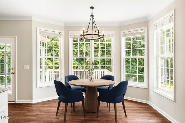 a view of a dining room with furniture window and wooden floor