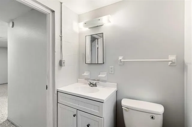 a bathroom with a toilet sink vanity and mirror