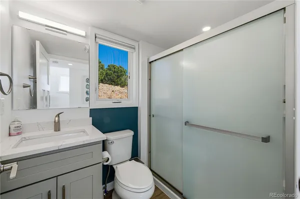 a bathroom with a sink toilet and shower