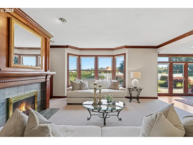 a living room with furniture a fireplace and a large window
