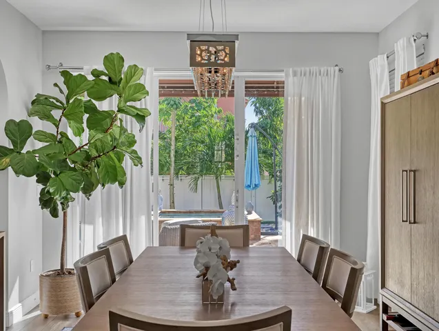 a view of a dining room with furniture and window