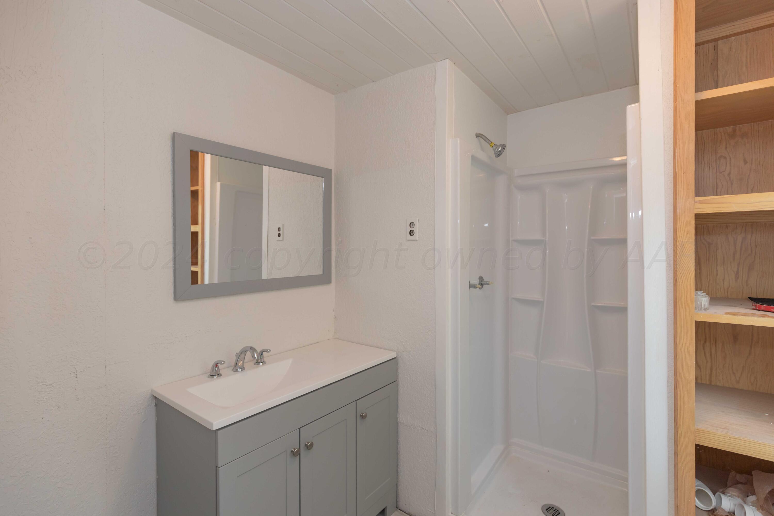 1613 South Travis Street Amarillo, TX 79102 - Photo 47 of 49 a bathroom with a sink a mirror and a shower