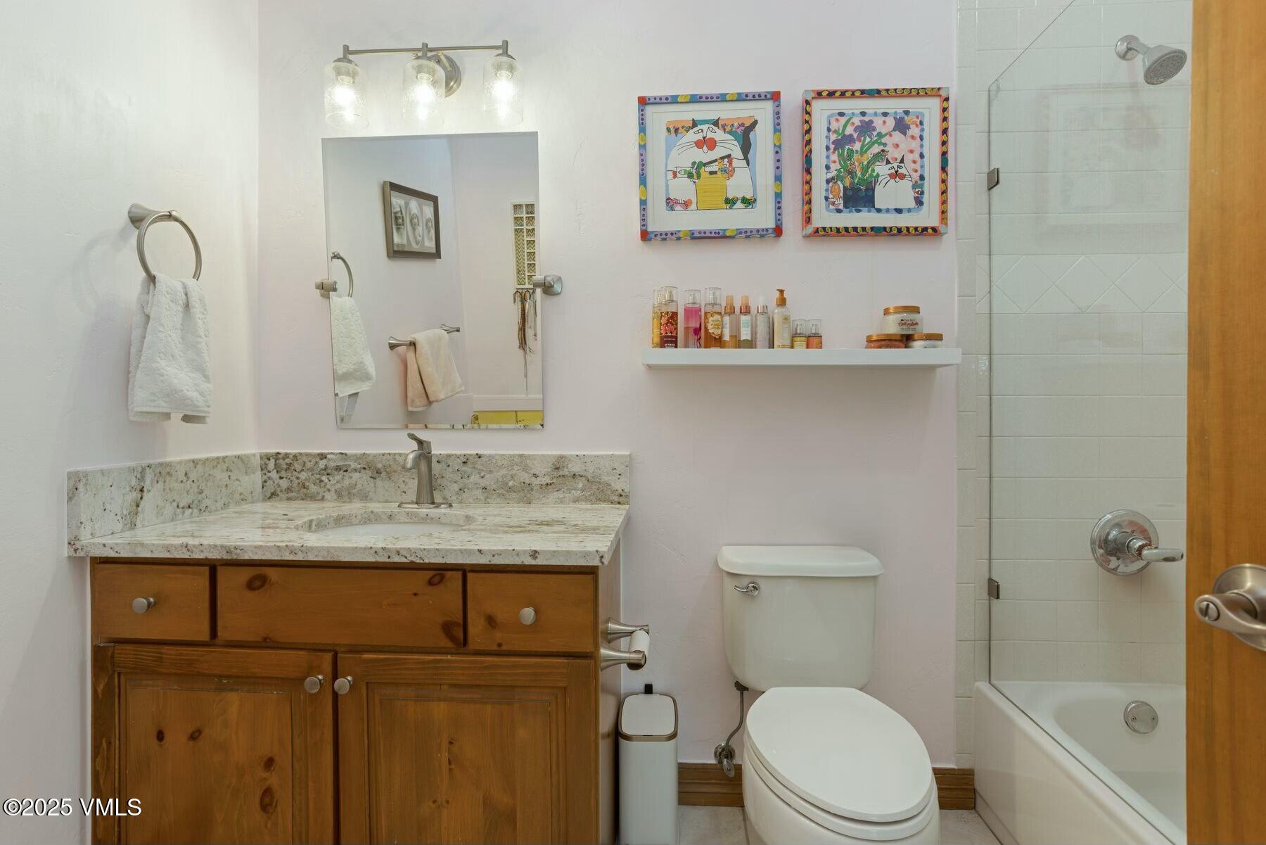 85 Remington Trail Edwards, CO 81632 - Photo 30 of 41 a bathroom with a granite countertop sink a toilet and a shower