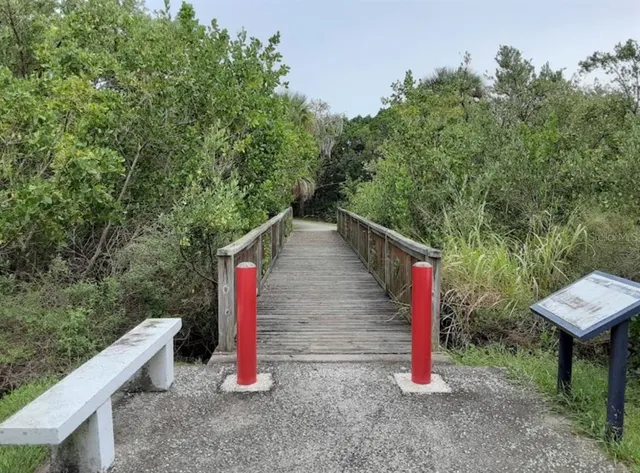 a view of a park with large trees and wooden fence