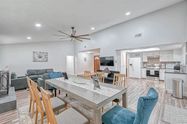 a view of a dining room with furniture