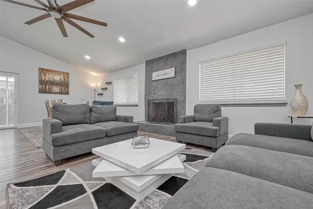 a view of a dining room with furniture