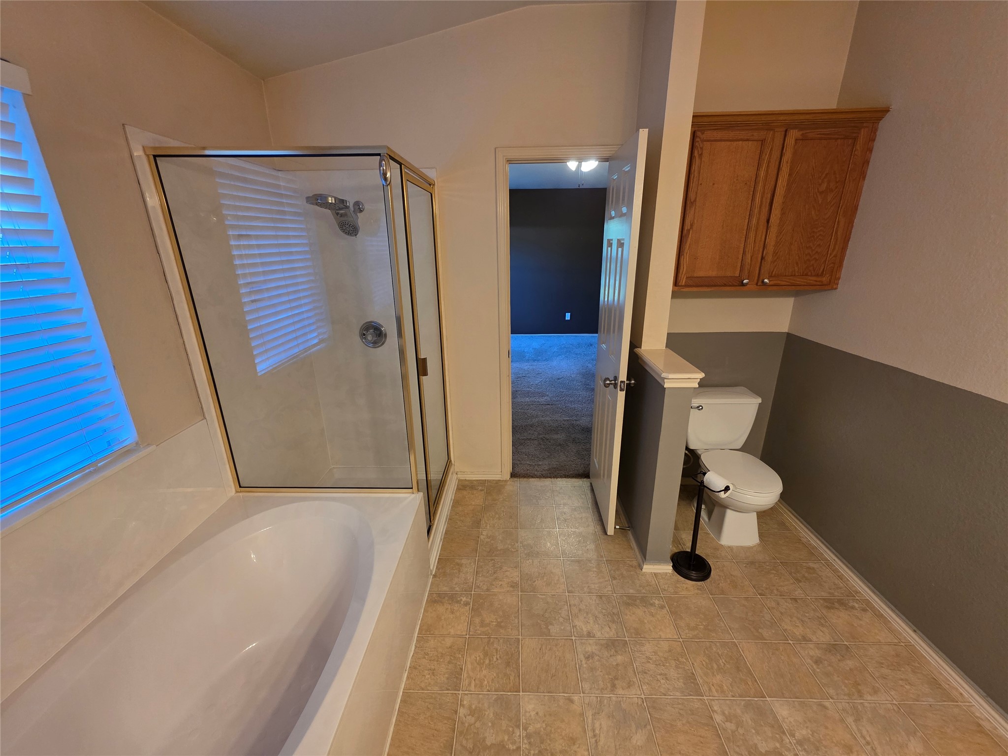 2210 Wilma Rudolph Road Austin, TX 78748 - Photo 8 of 20 An alcove bathtub sits adjacent to a separate glass-enclosed shower on tile flooring.