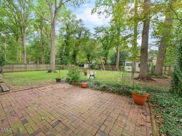a view of a backyard with a large tree