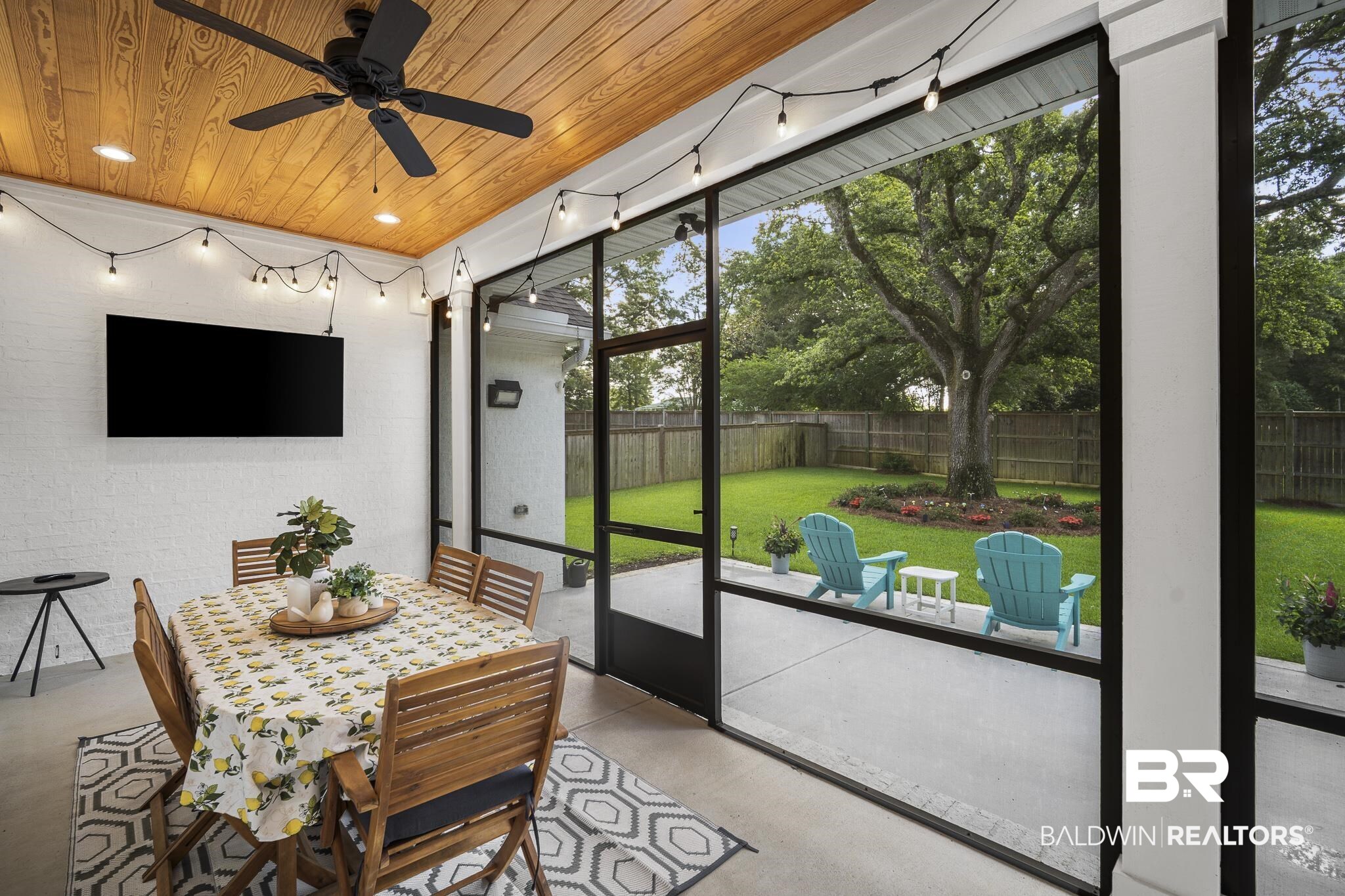 21702 Pillars Street Fairhope, AL 36532 - Photo 33 of 54 Screened patio featuring a wood-finish ceiling with recessed lighting and a ceiling fan