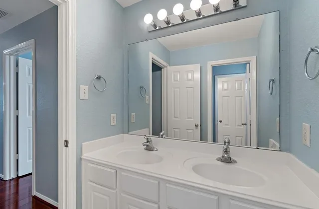 a bathroom with a sink vanity and a mirror