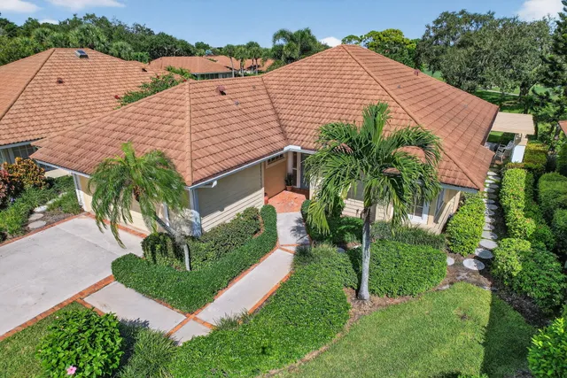 a aerial view of a house with a yard and potted plants