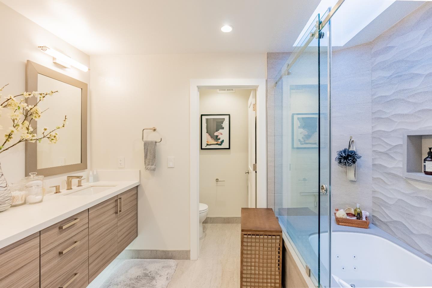 919 La Mesa Terrace, Unit E Sunnyvale, CA 94086 - Photo 25 of 34 a spacious bathroom with a double vanity sink a mirror and a shower