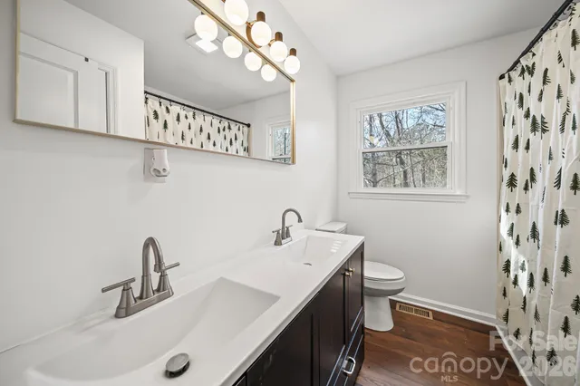 a bathroom with a sink a toilet and mirror