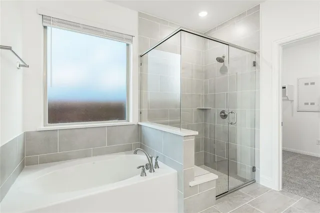 a bathroom with a bathtub and a shower