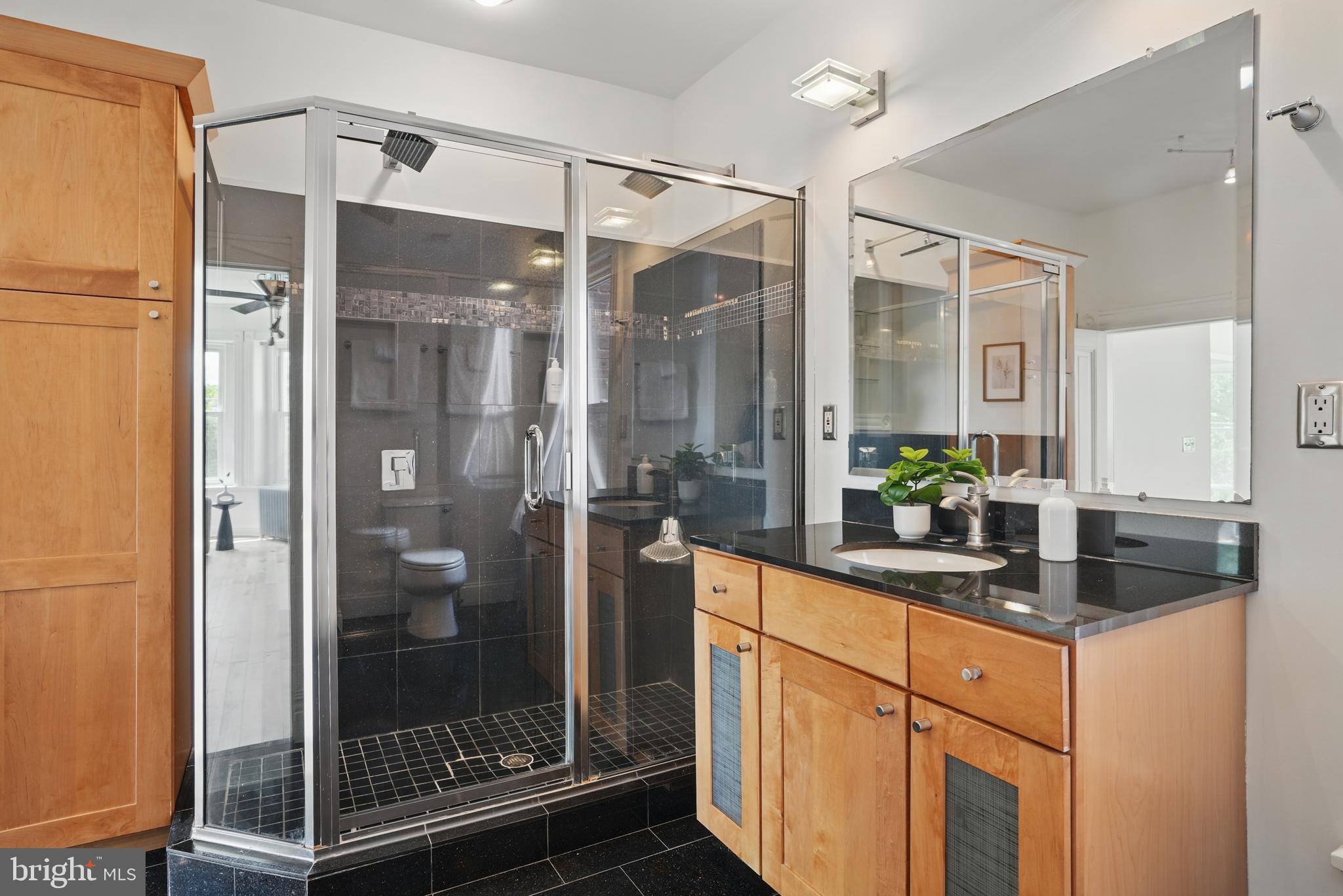 136 R Street Northeast Washington, DC 20002 - Photo 24 of 36 a bathroom with a shower sink and mirror